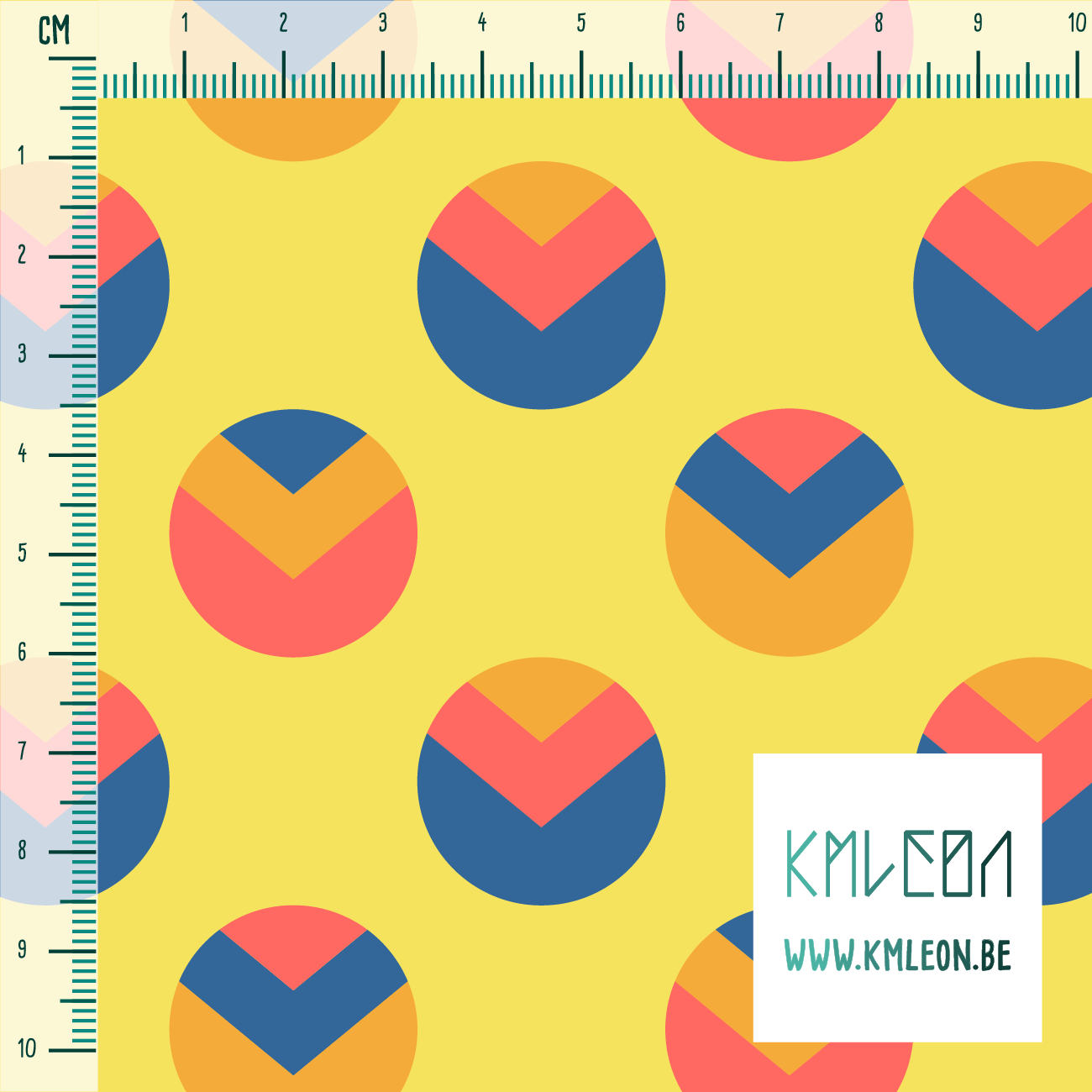 Orange, coral and blue circles and triangles fabric