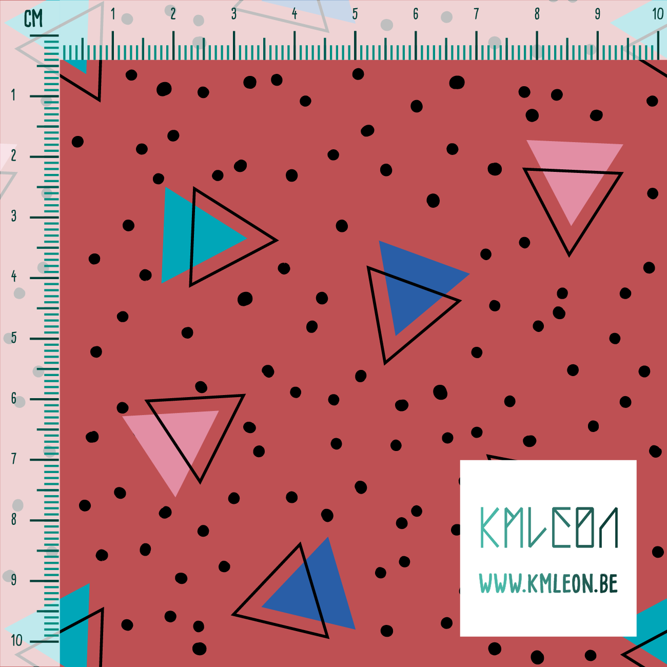 Teal, blue, pink and black triangles and black dots fabric