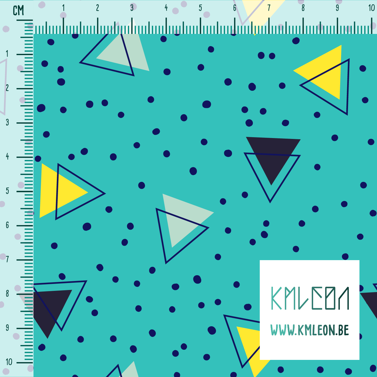 Navy, mint green and yellow triangles and blue dots fabric