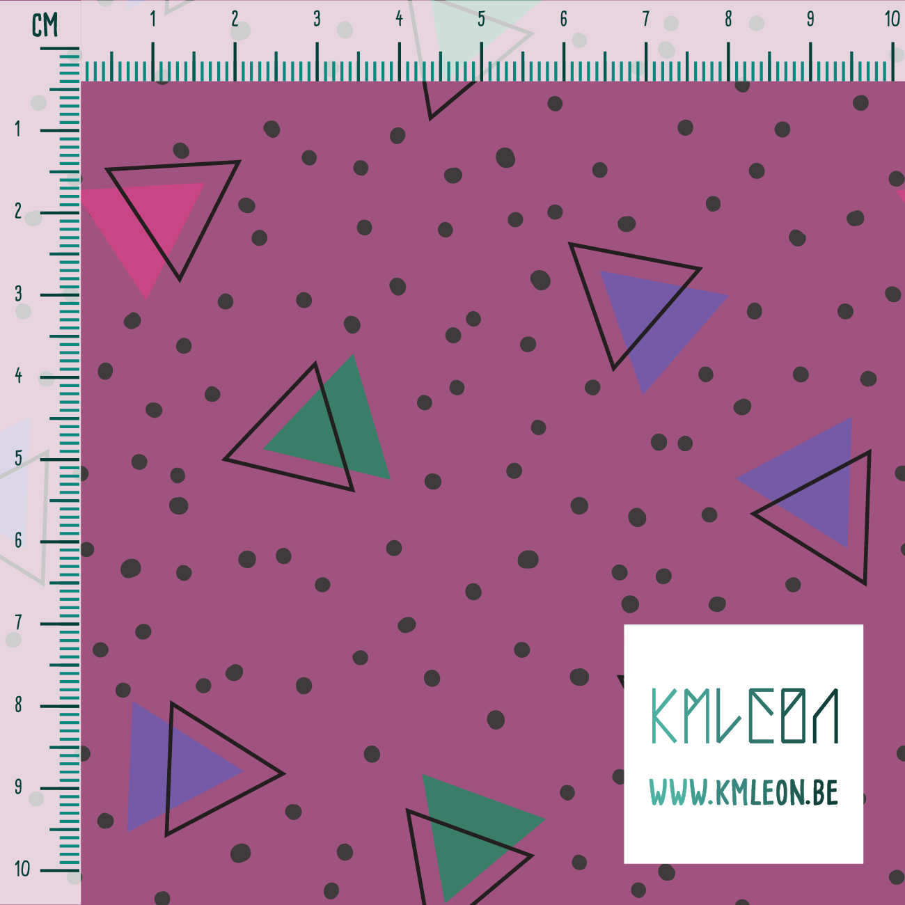 Green, purple, pink and black triangles and black dots fabric