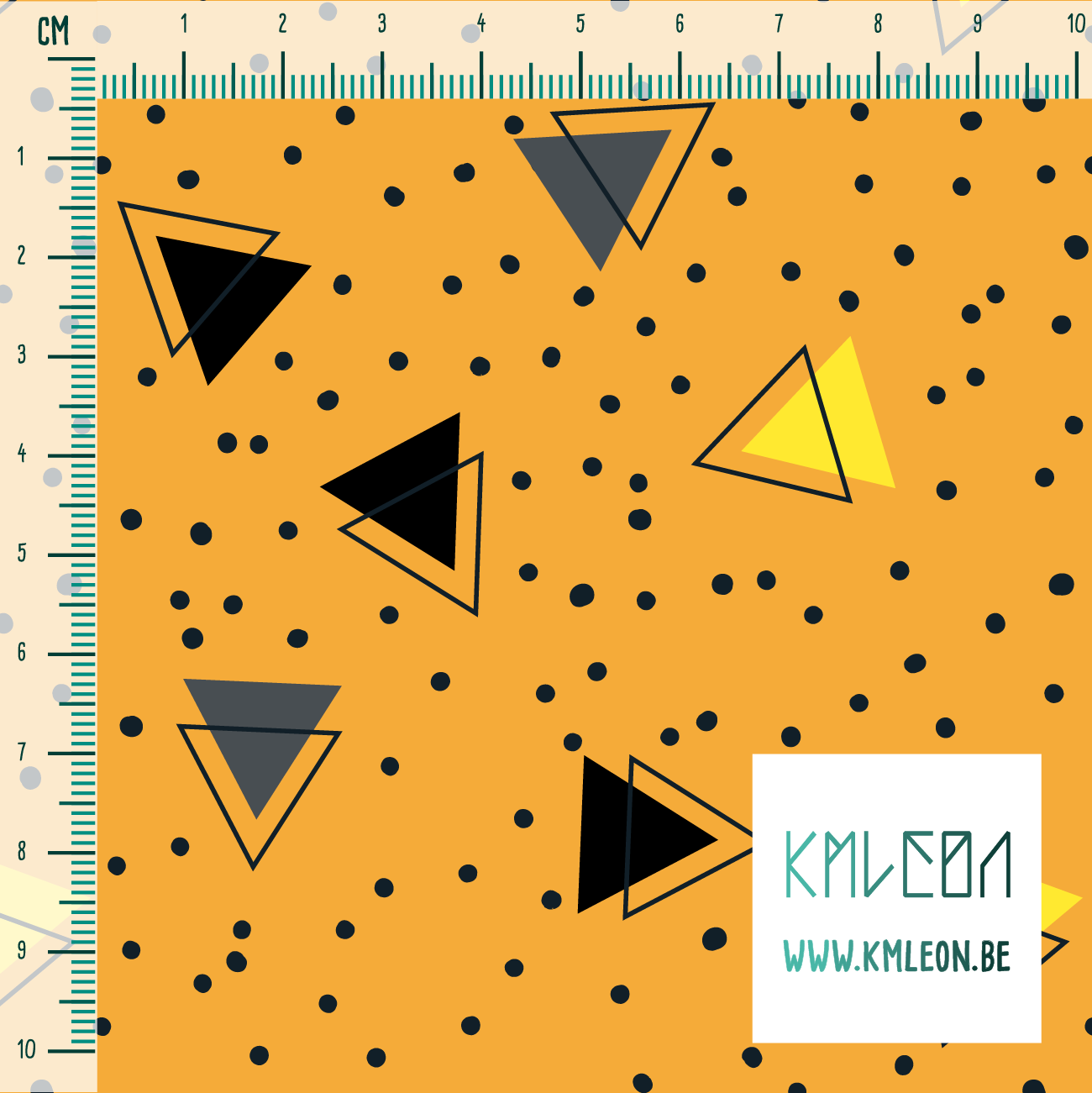 Grey, black, yellow and dark teal triangles and dark teal dots fabric