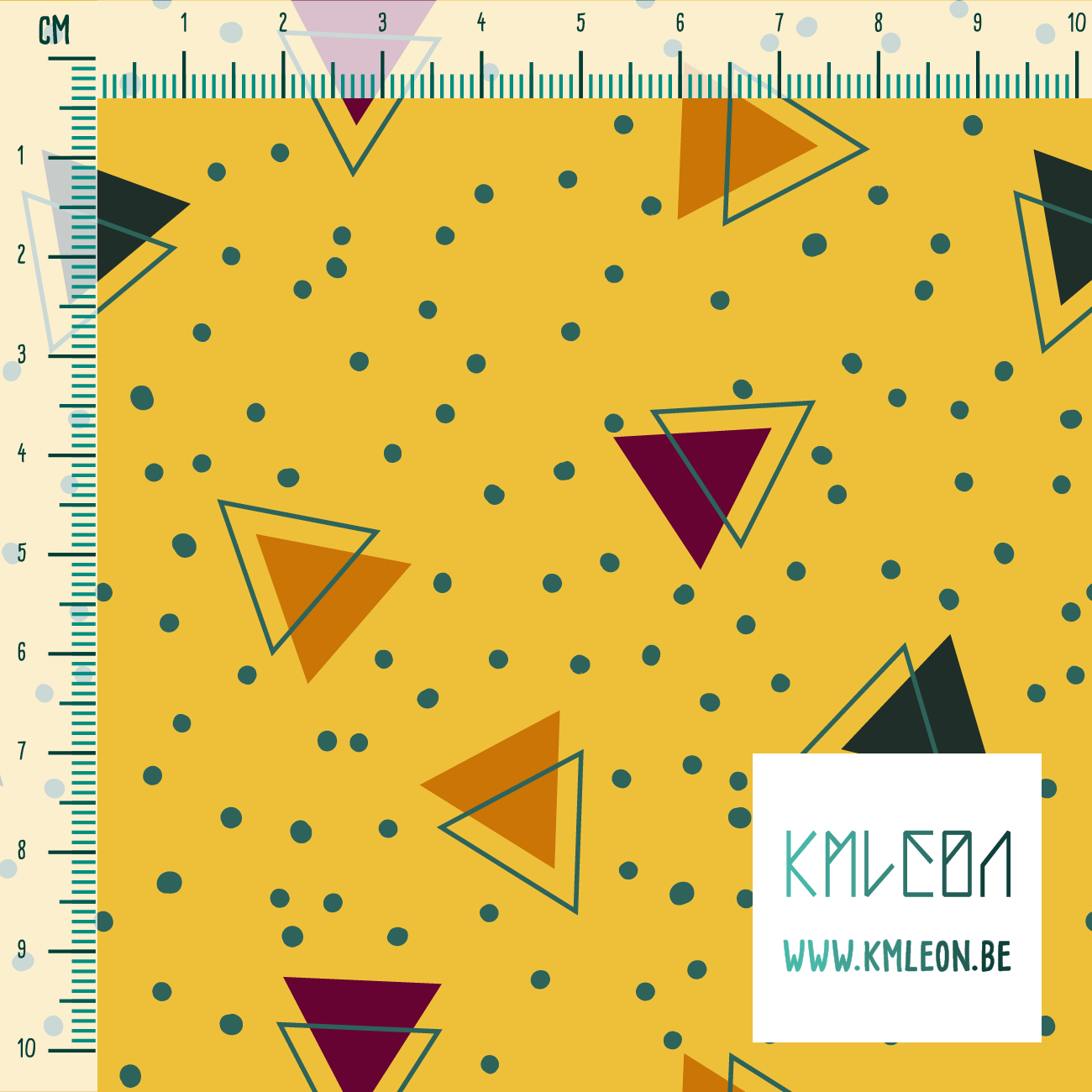 Green, orange and purple triangles and green dots fabric