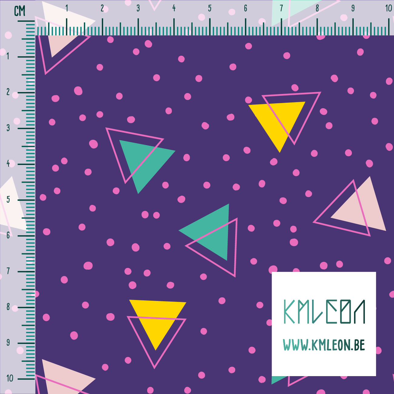 Green, yellow and pink triangles and pink dots fabric