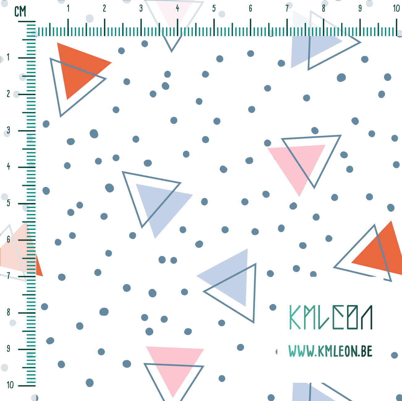 Blue, orange and pink triangles and blue dots fabric