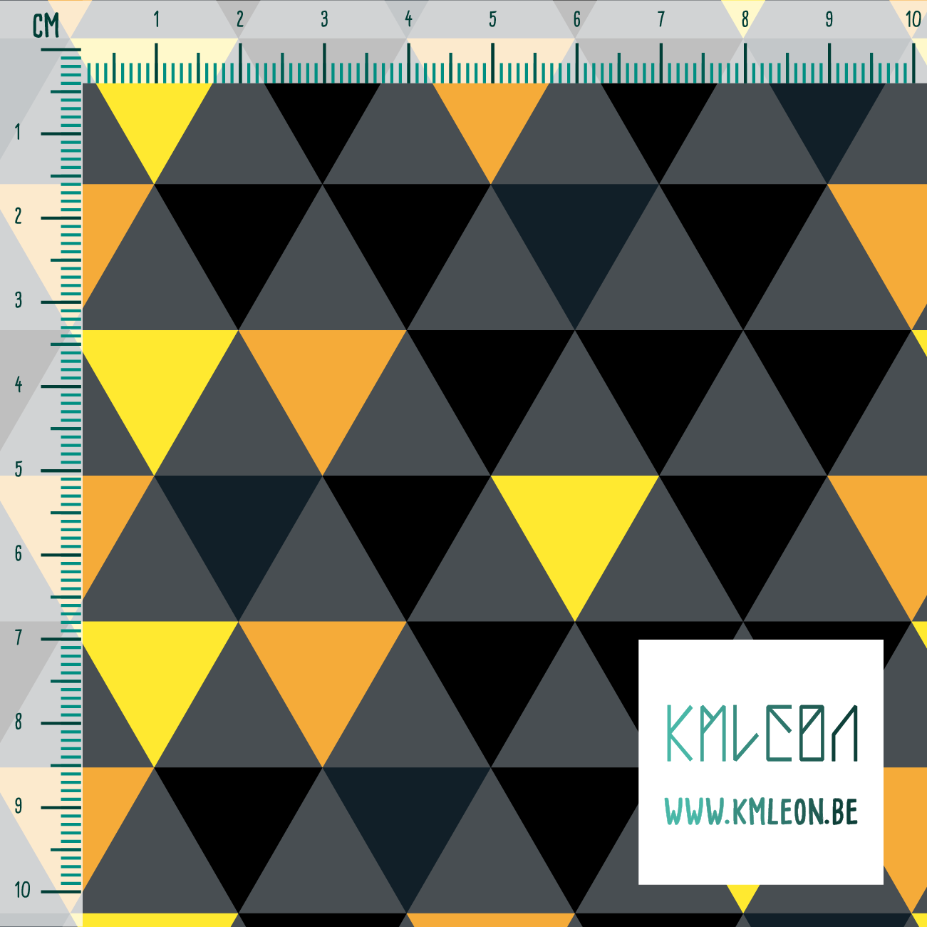 Orange, yellow, black and dark teal triangles fabric