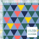 Yellow, navy, green and coral triangles fabric