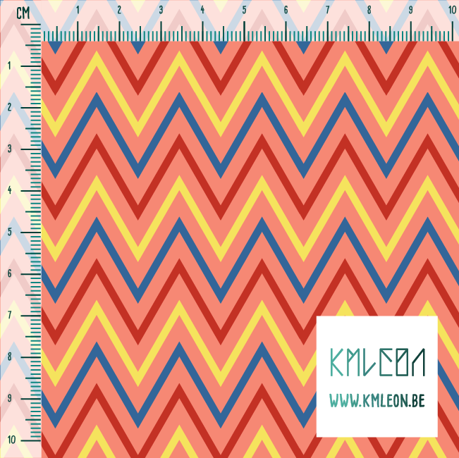 Red, blue and yellow chevron fabric