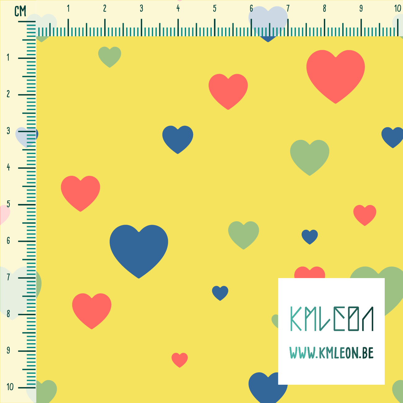 Green, blue and coral hearts fabric