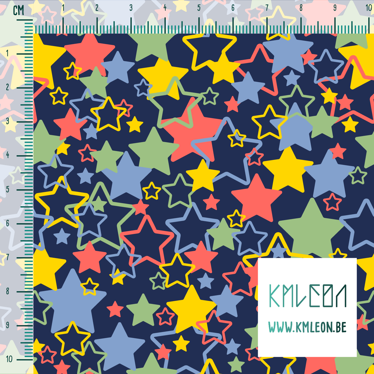 Green, yellow, blue and coral random stars fabric