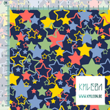 Green, yellow, blue and coral random stars fabric