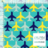 Yellow, mint green and blue airplanes and clouds fabric
