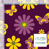 Yellow and pink flowers and butterflies fabric