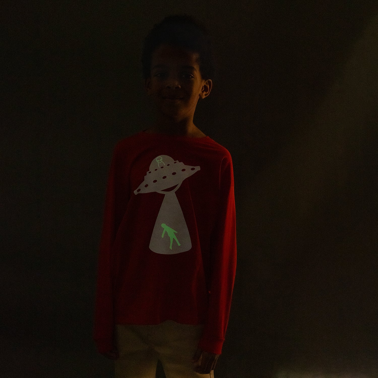 Alien abduction glow in the dark kids longsleeve shirt