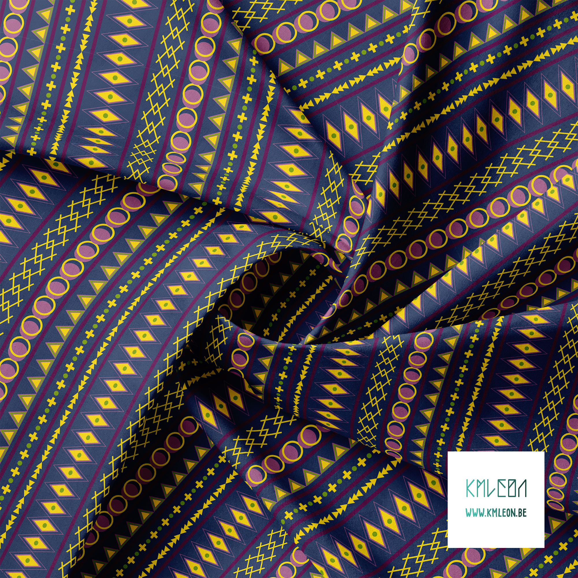 Geometric shapes in yellow, green, purple and pink fabric
