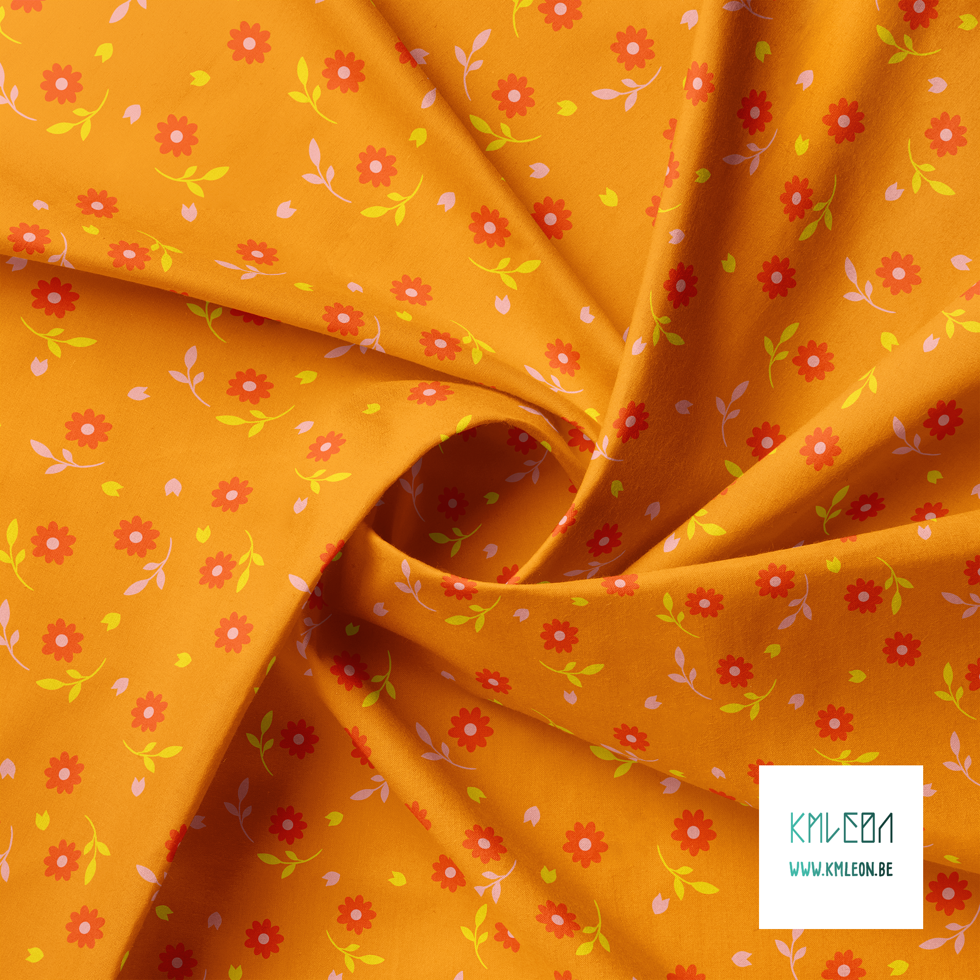 Orange, yellow and pink flowers and leaves fabric
