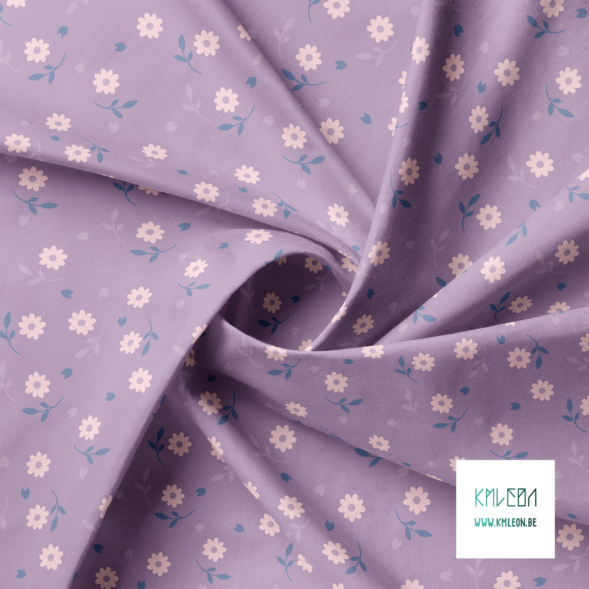 Pink, purple and blue flowers and leaves fabric