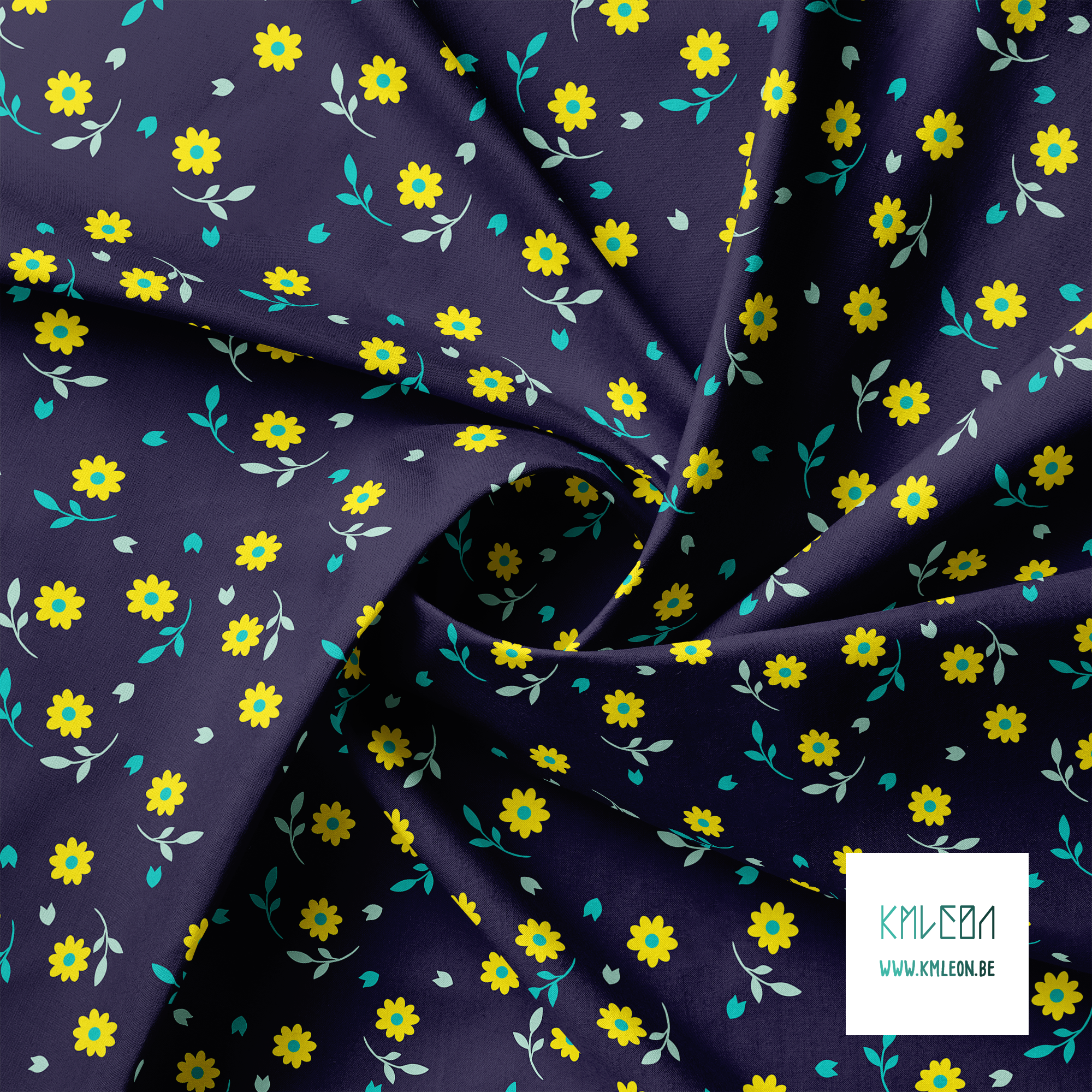 Yellow and teal flowers and leaves fabric