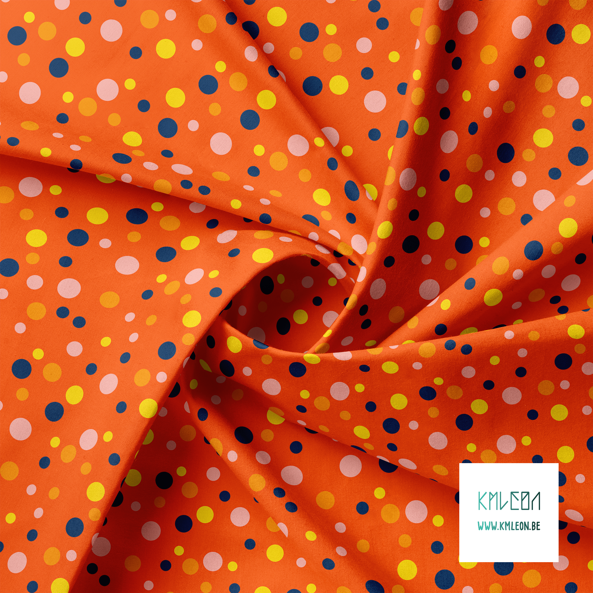 Random pink, yellow, orange and navy polka dots fabric