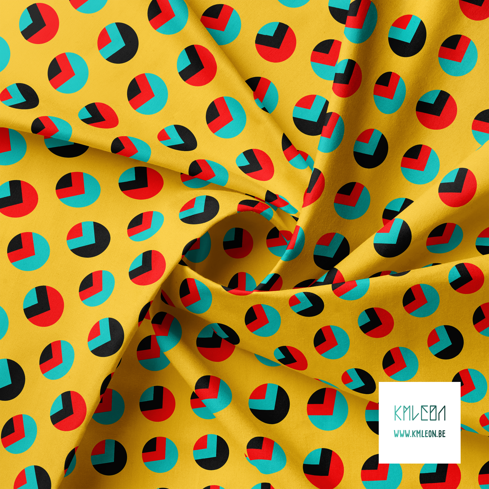 Red, teal and black circles and triangles fabric