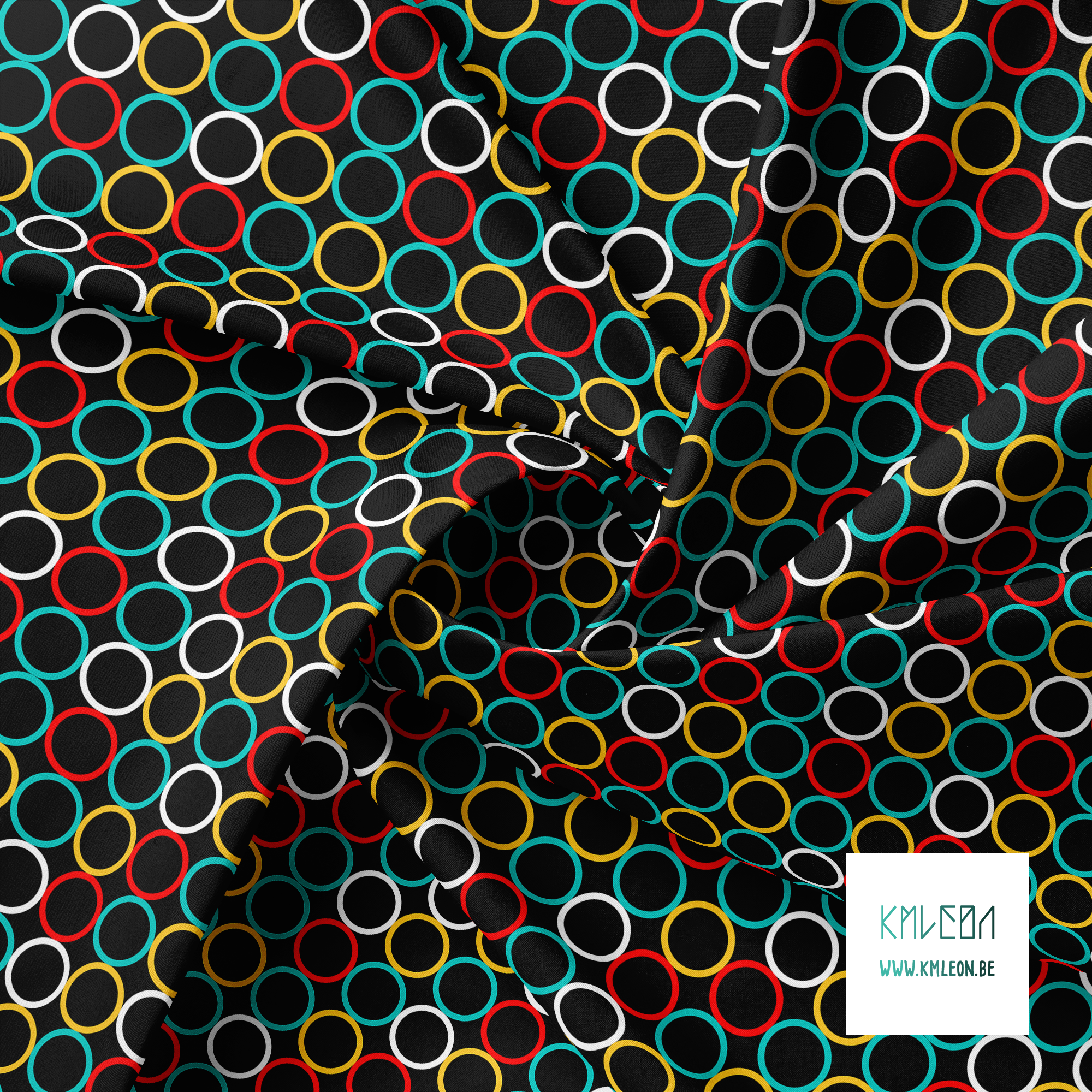 Random yellow, red, teal and white circles fabric