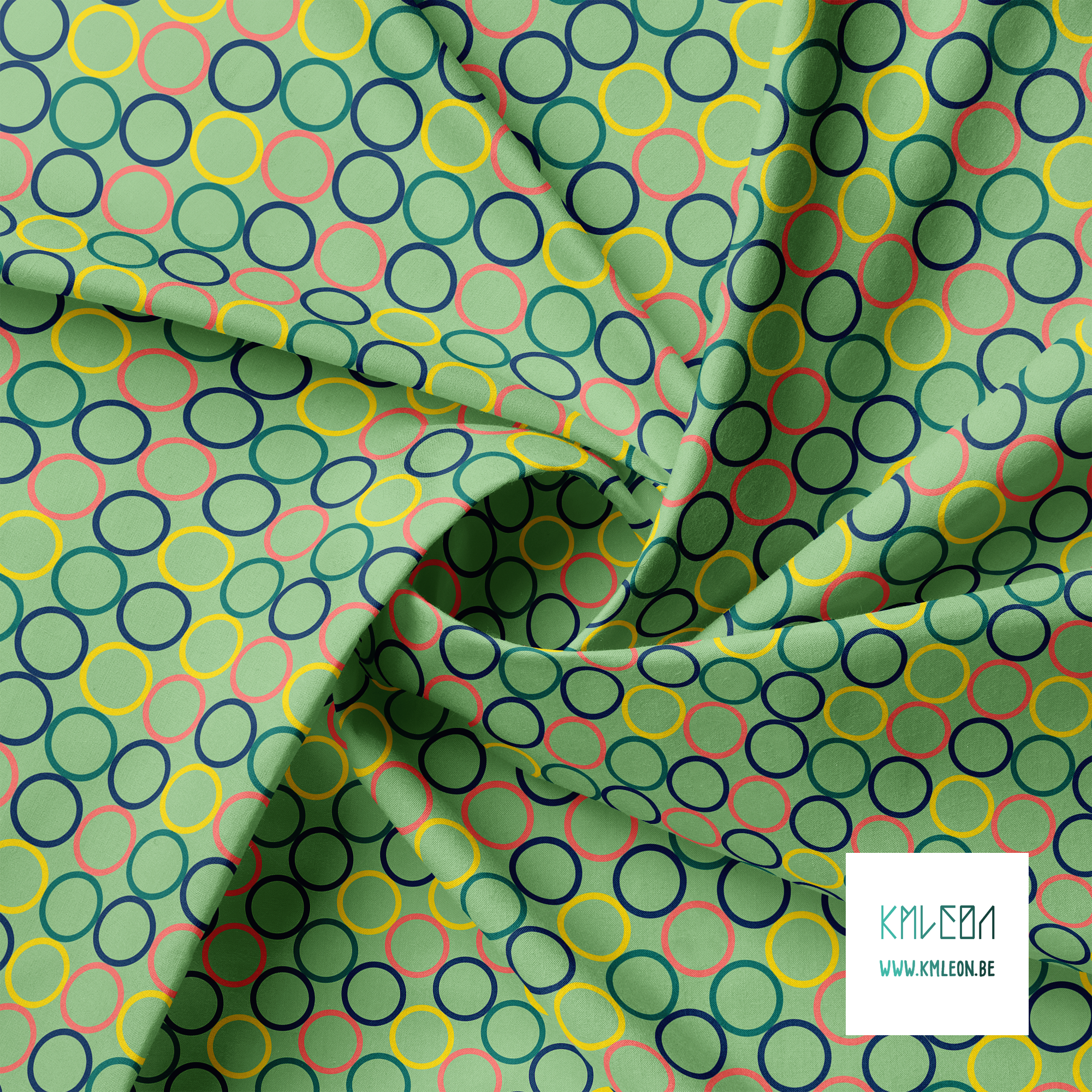 Random coral, green, yellow and navy circles fabric