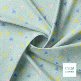 Pink, yellow and periwinkle triangles and periwinkle dots fabric