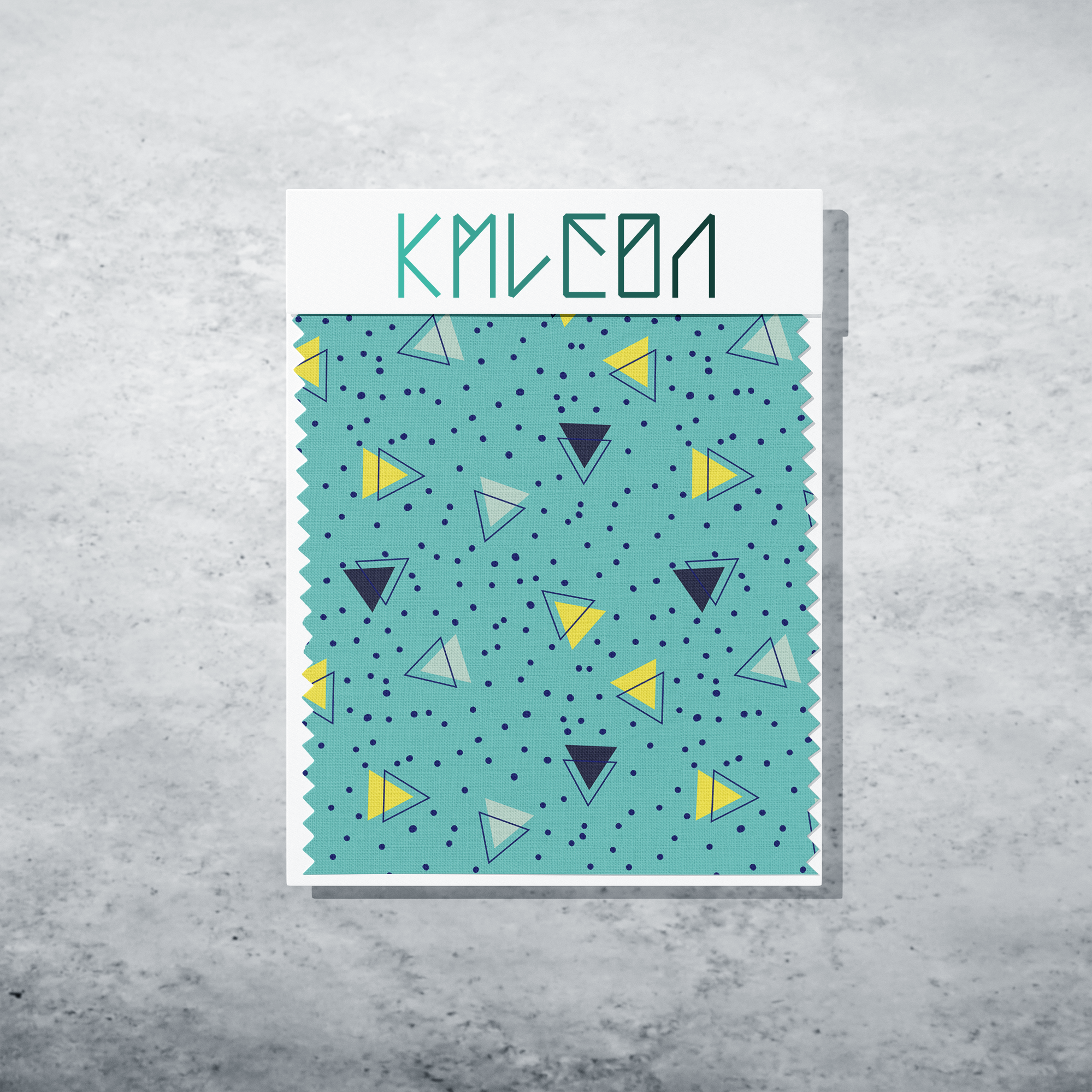 Navy, mint green and yellow triangles and blue dots fabric
