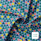 Yellow, navy, green and coral triangles fabric