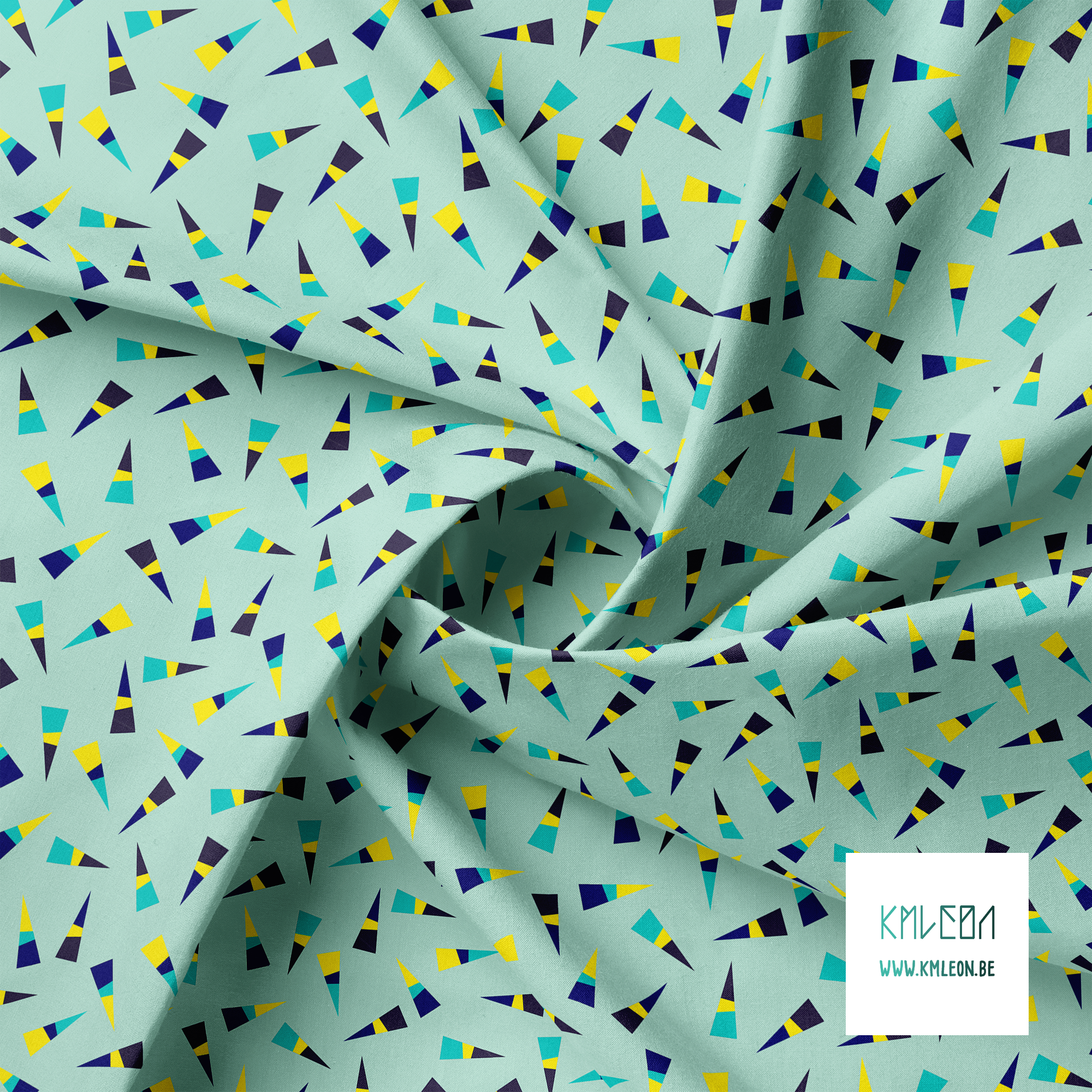 Blue, navy, teal and yellow triangles fabric