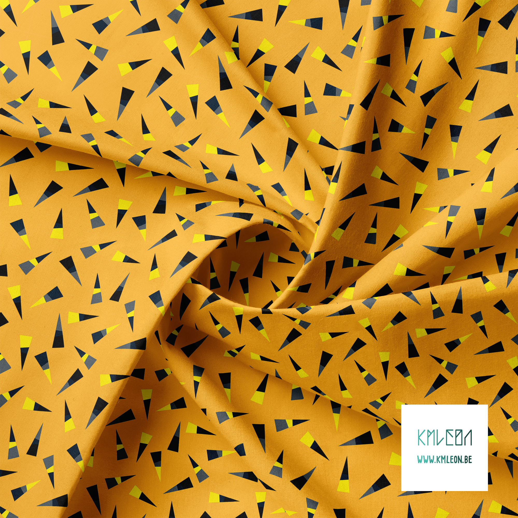 Orange, yellow and dark teal triangles fabric