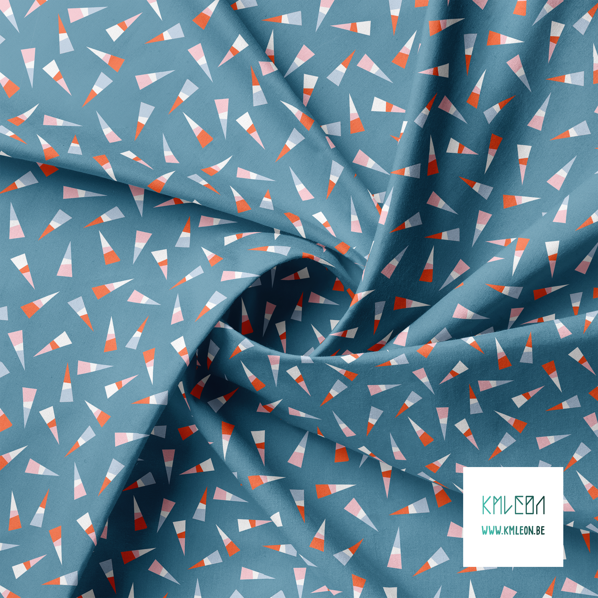 Orange, pink, blue and white triangles fabric