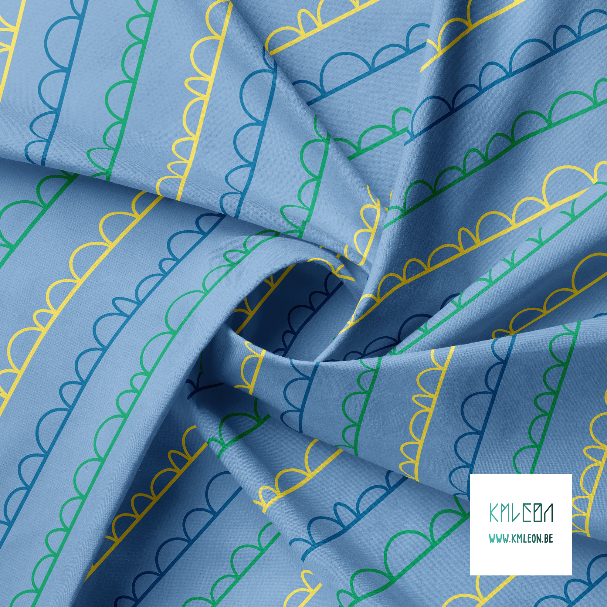 Blue, green and yellow irregular arches fabric