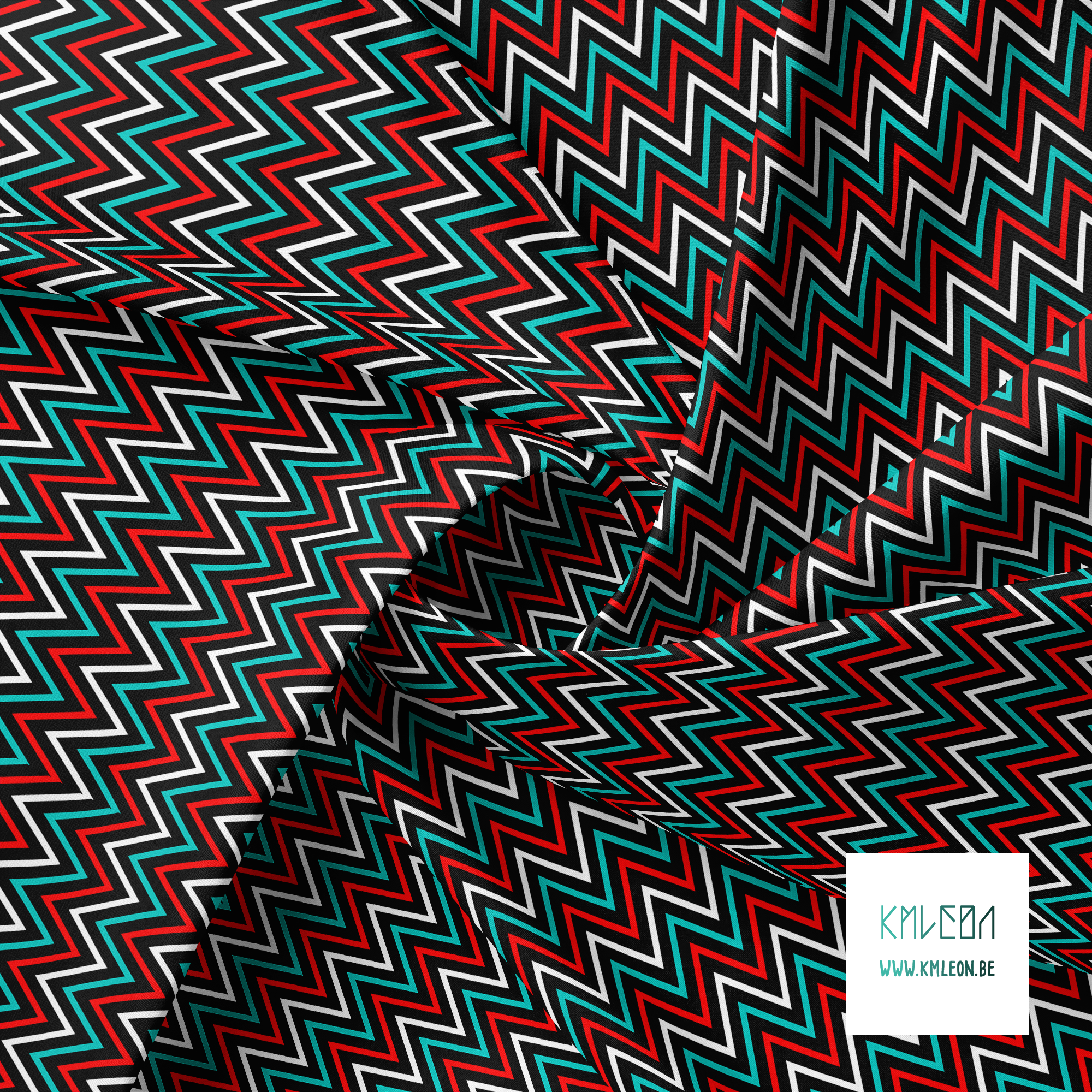 Teal, red and white chevron fabric