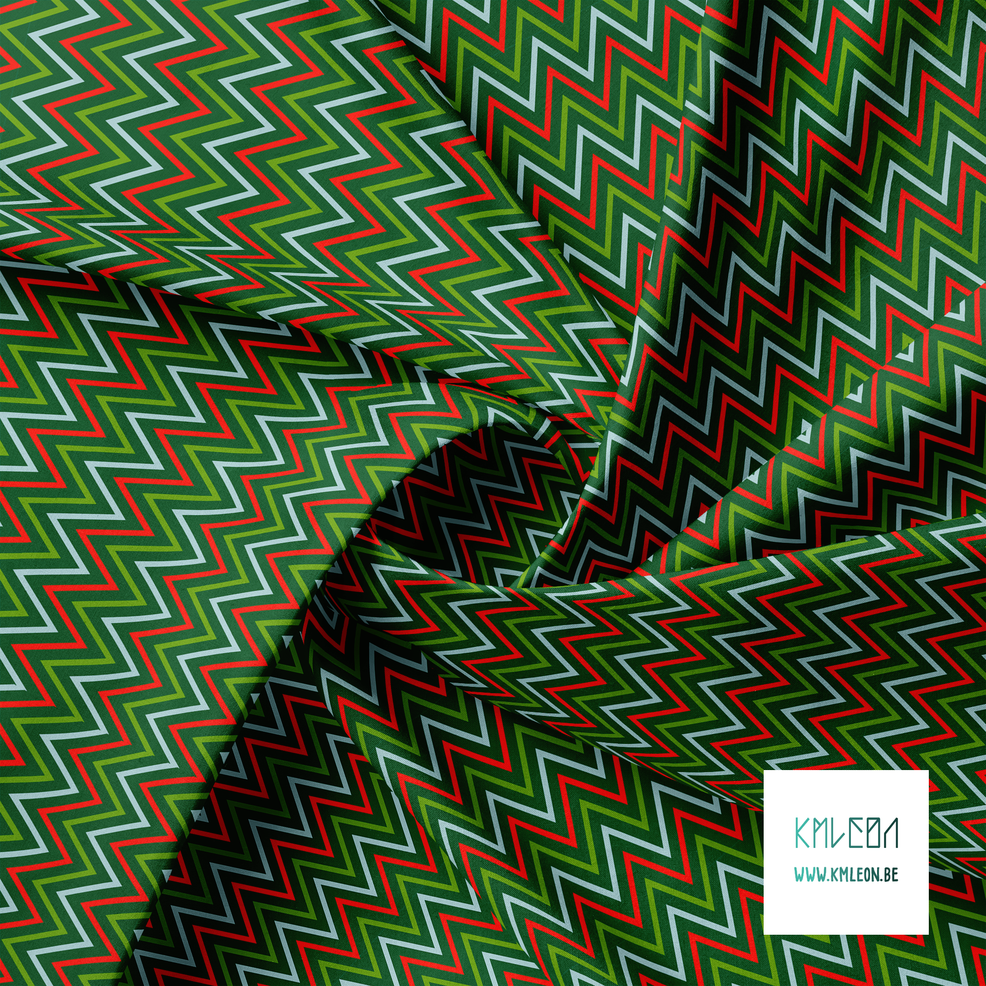 Green, red and light blue chevron fabric