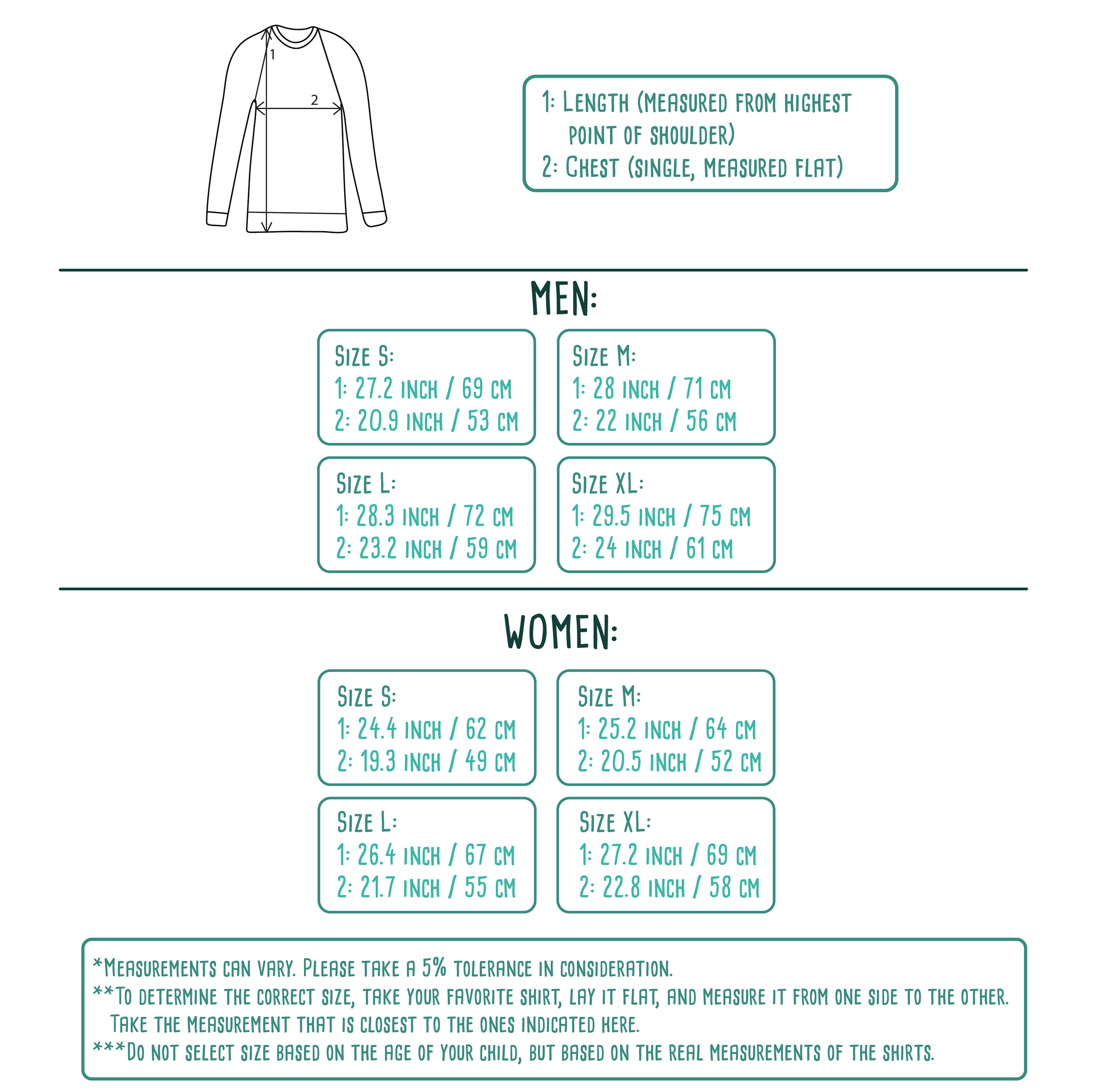 Size table for adult sweaters by KMLeon.