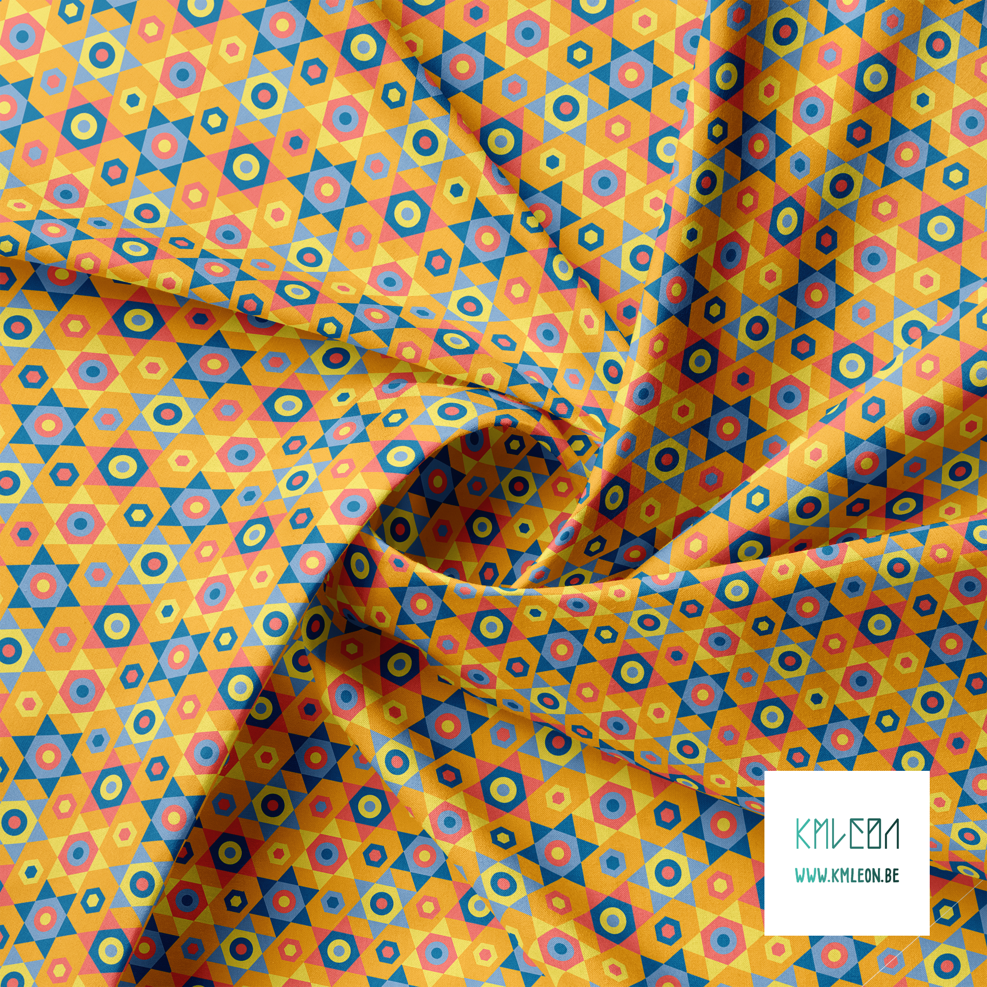 Blue, yellow and coral stars fabric