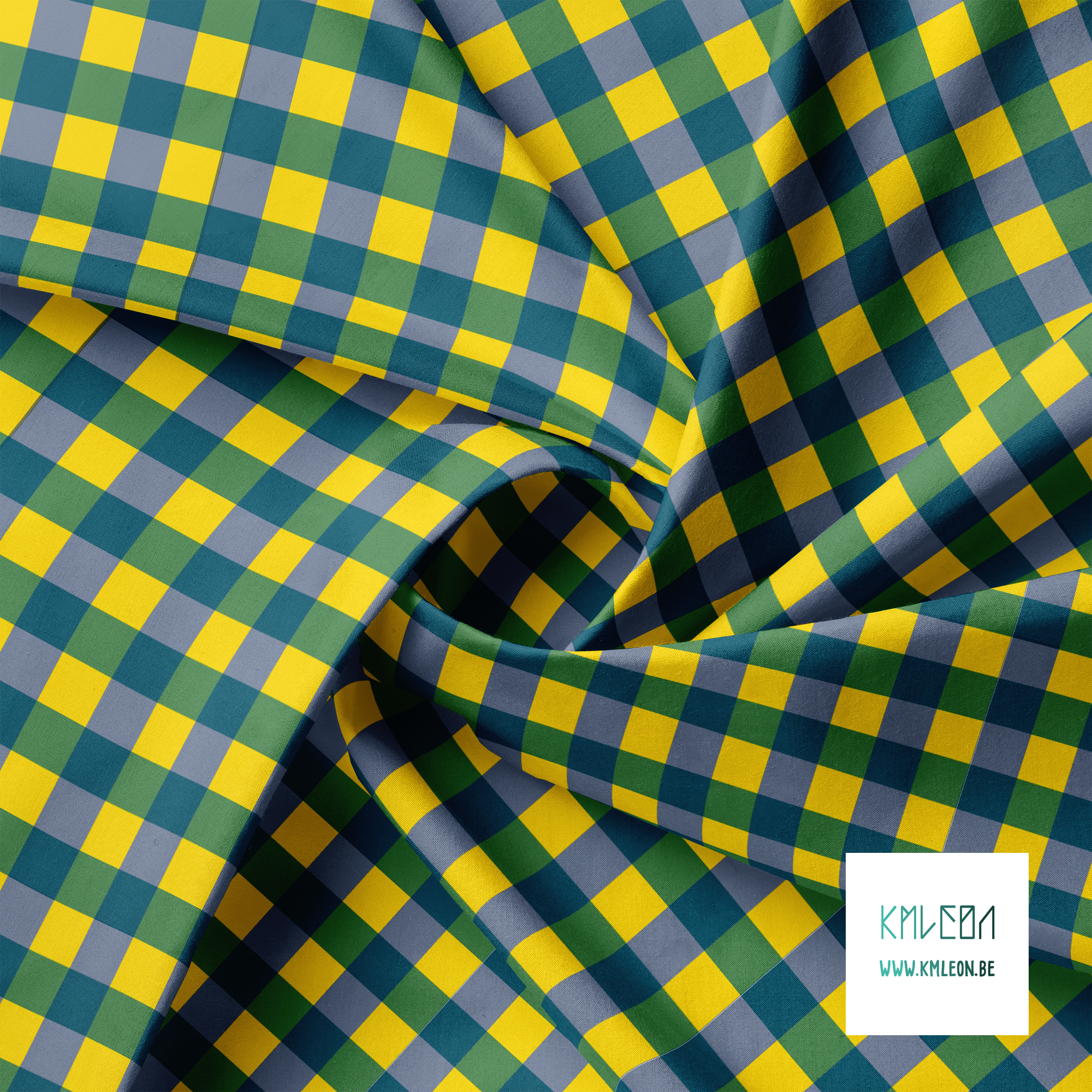 Yellow, navy and green gingham fabric