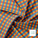 Red, blue and orange gingham fabric