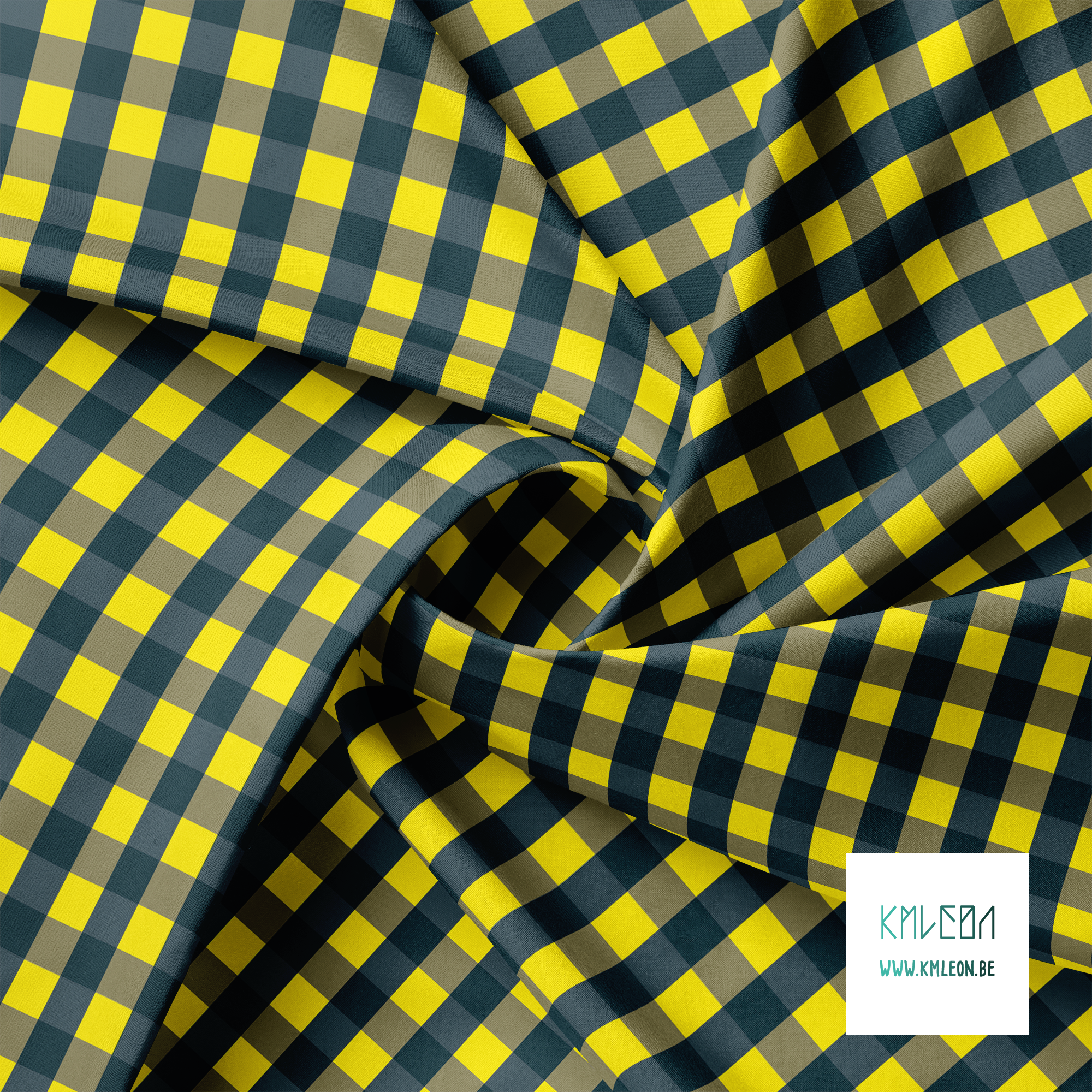 Yellow, grey and dark teal gingham fabric