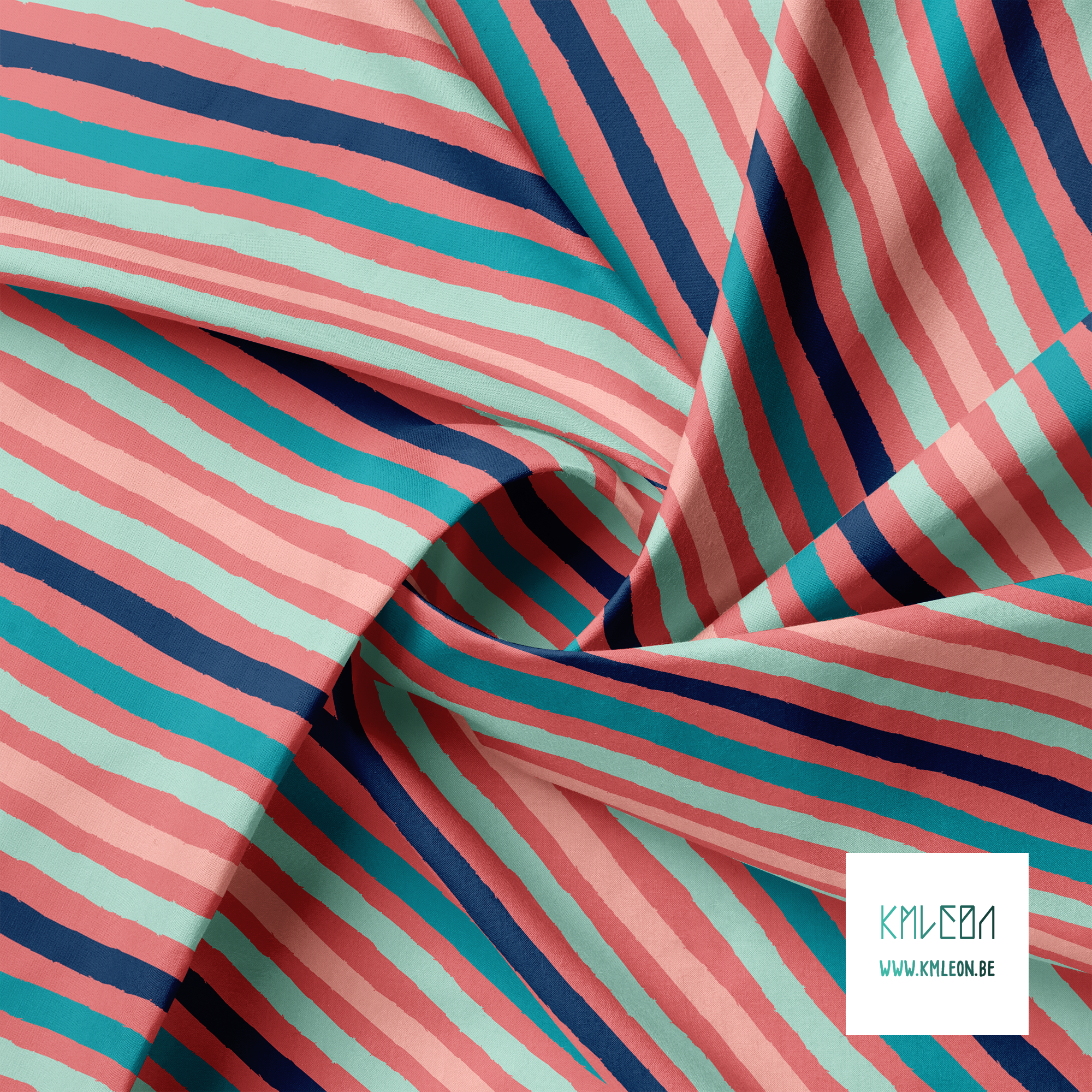 Pink, mint green, navy and teal stripes fabric
