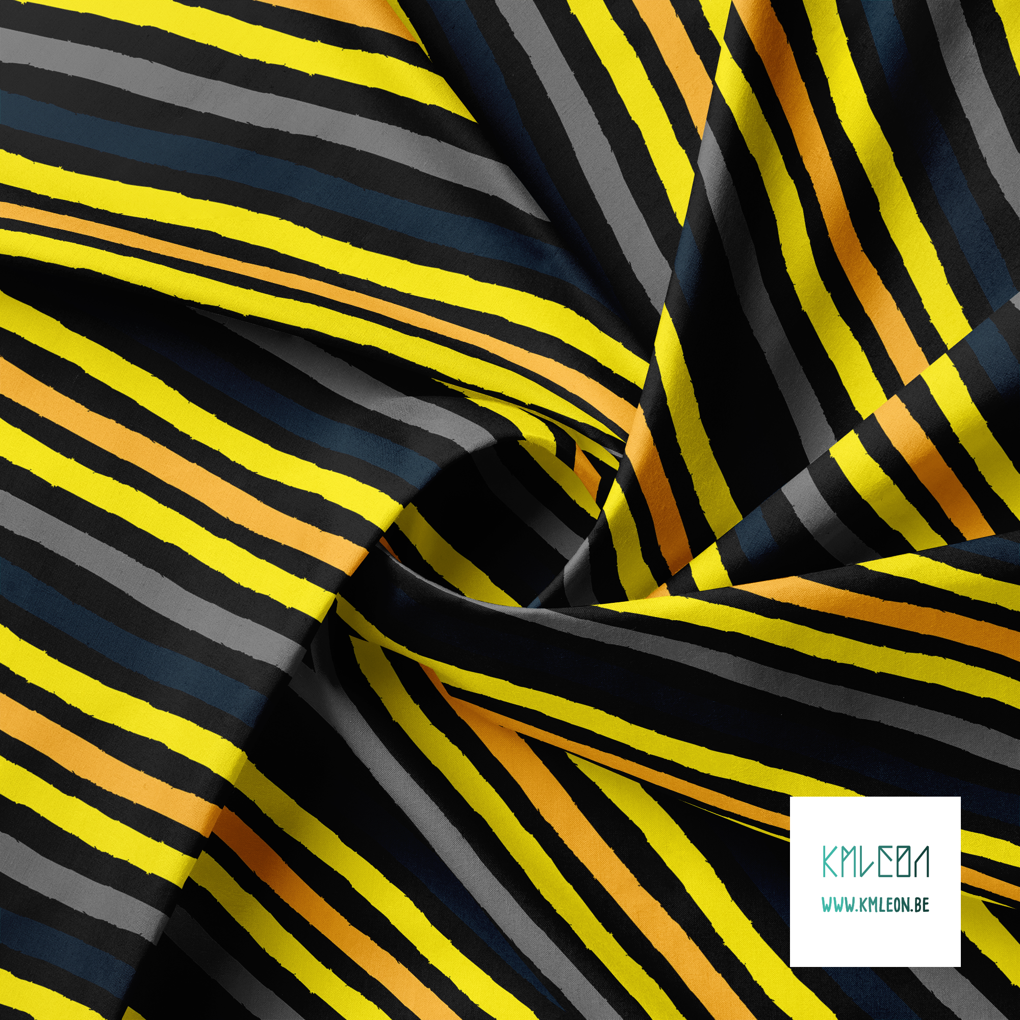 Orange, yellow, grey and dark teal stripes fabric