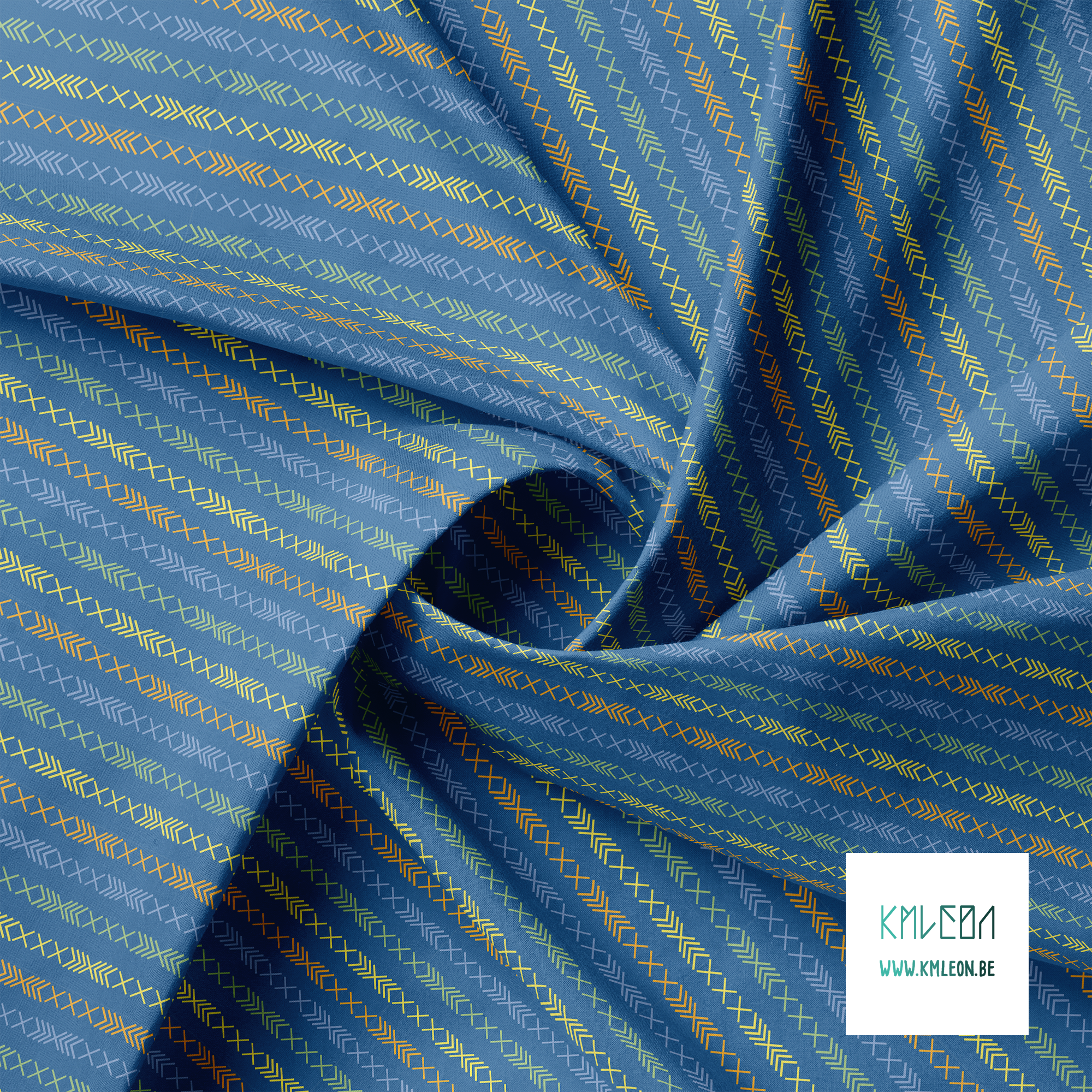 Blue, green, yellow and orange geometric shapes fabric