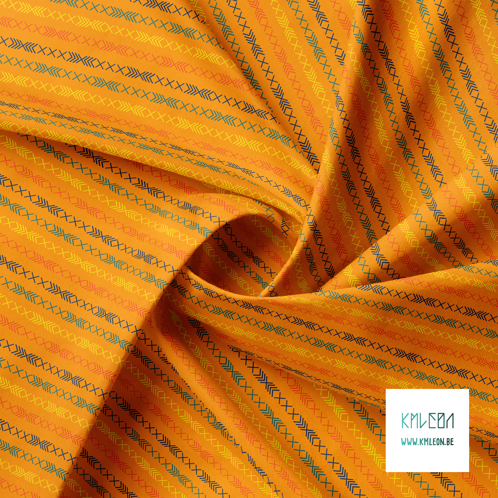 Yellow, green, orange and navy geometric shapes fabric