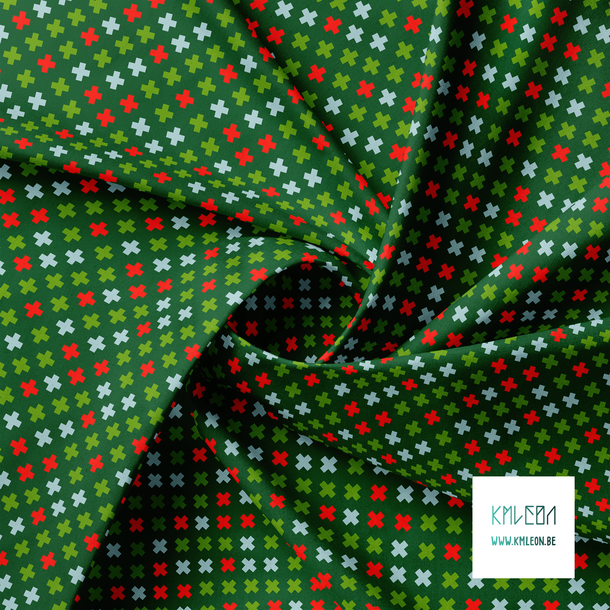 Red, green and light blue crosses fabric