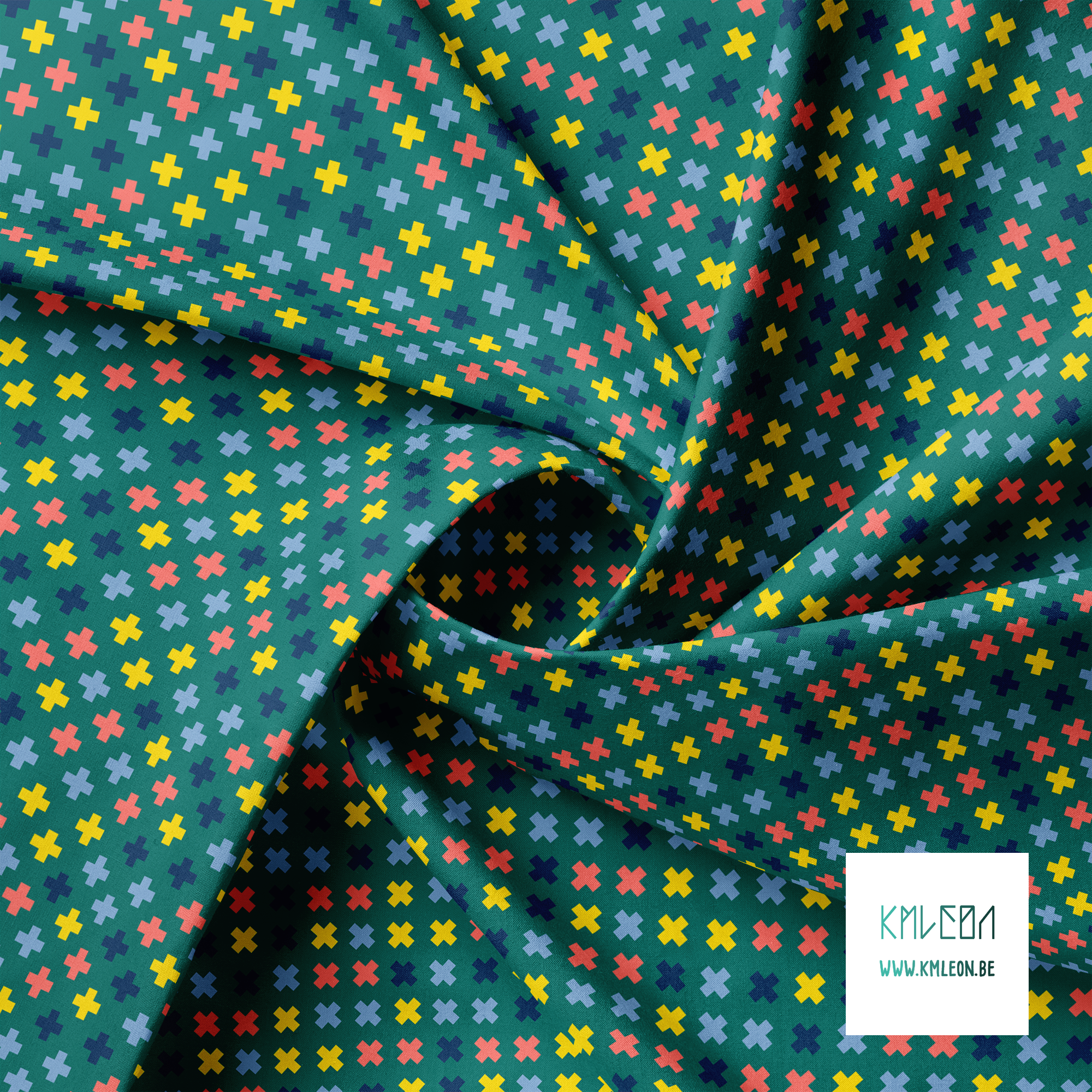 Blue, yellow and coral crosses fabric