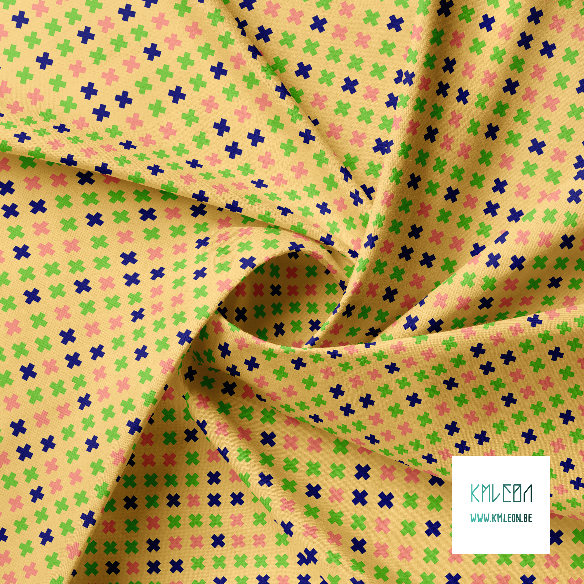 Blue, pink and green crosses fabric