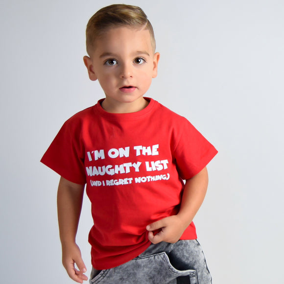 'I'm on the naughty list' kids shortsleeve shirt