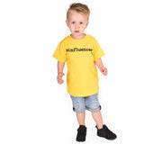 Blonde boy with yellow shirt, with '#influencer' print, by KMLeon.