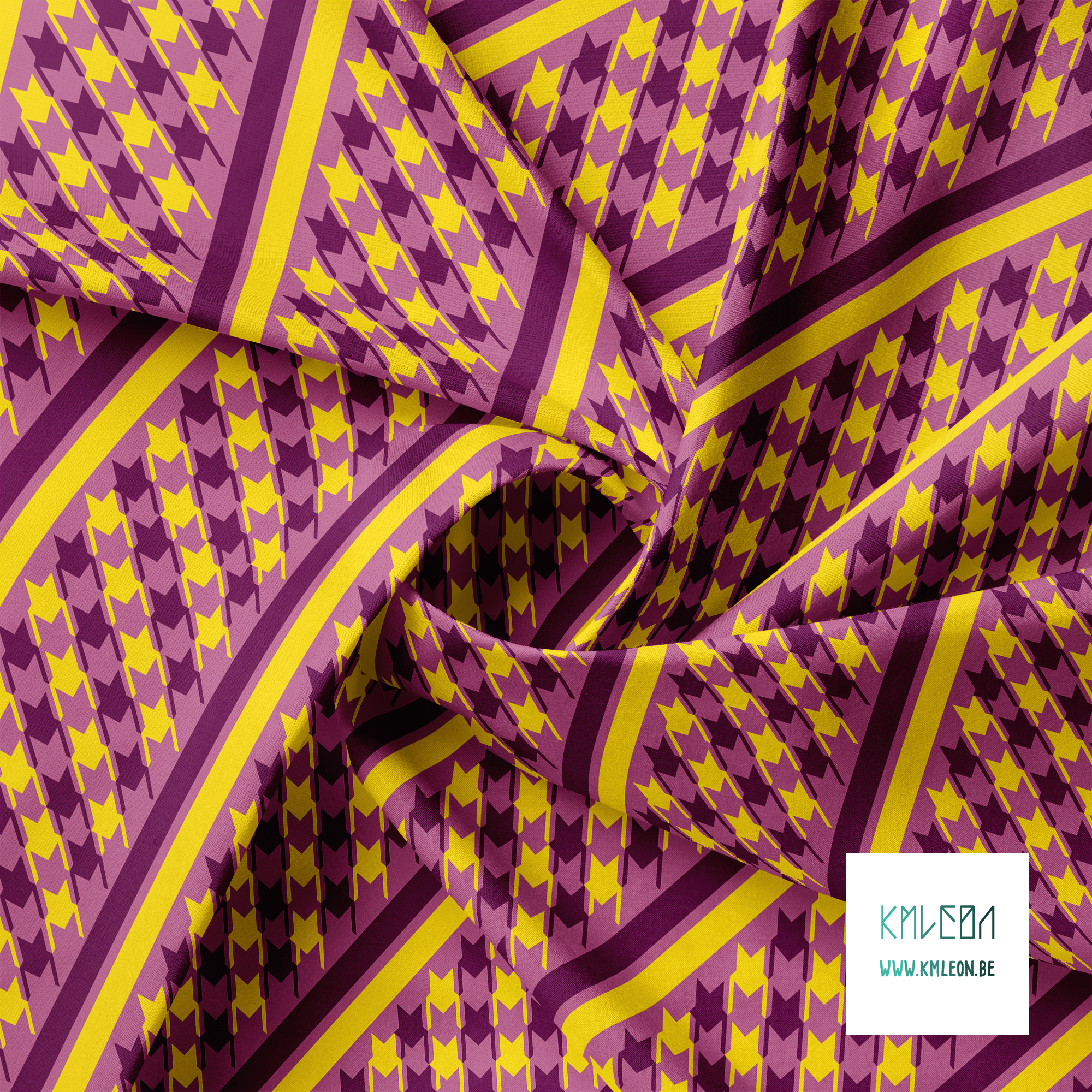 Purple and yellow houndstooth and stripes fabric