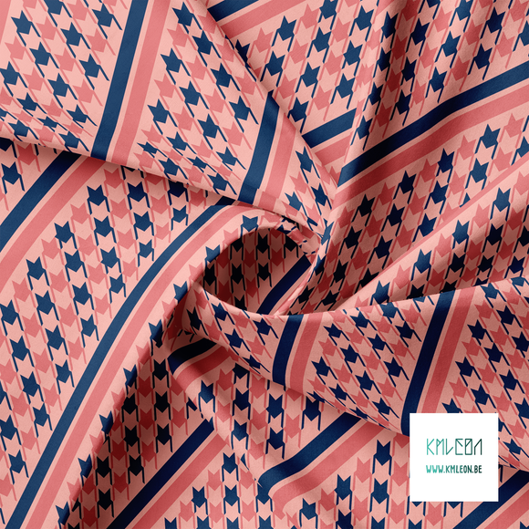 Pink and navy houndstooth and stripes fabric